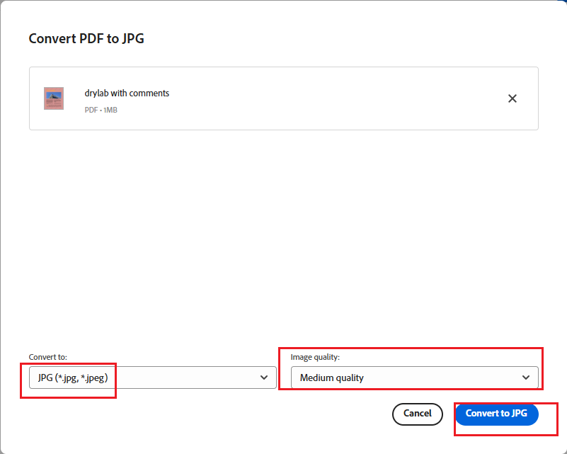 Set the image quality and click Convert to JPG in Adobe Acrobat Online