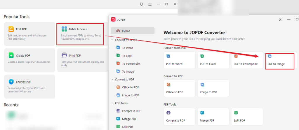 Click Batch Process and select PDF to Image in JOPDF