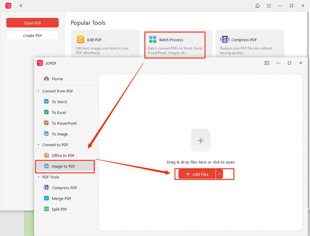 Go to Batch Process and select Image to PDF to import JPGs into JOPDF