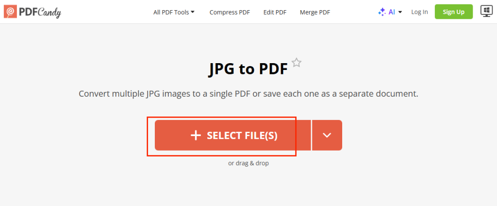 Click SELECT FILE(S) to upload your JPGs into PDF Candy