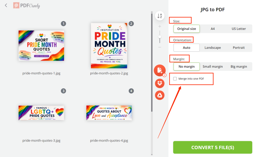 Customize the settings for batch converting JPG to PDF in PDF Candy