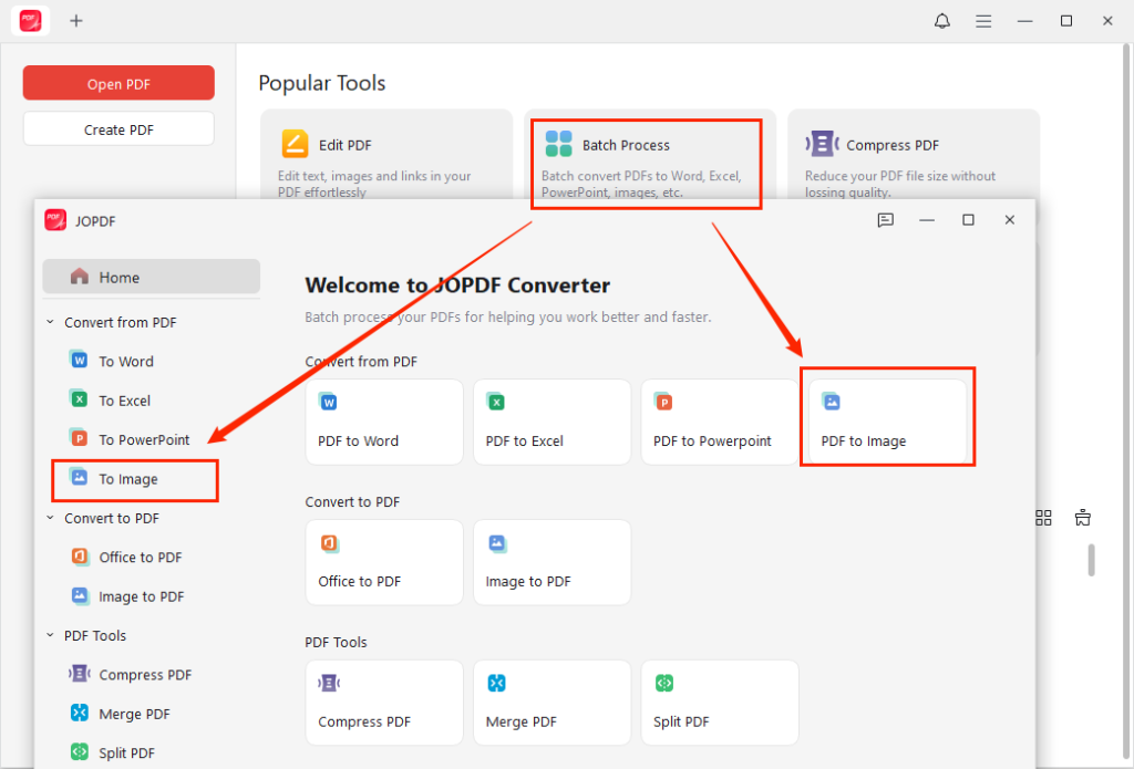 Click Batch Process and select the PDF to Image option in JOPDF