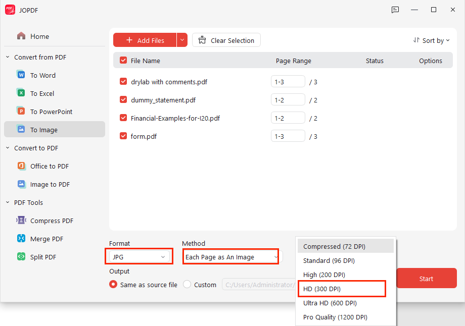 Set JPG as output format, Each Page as an Image as Method, and select the needed image quality in JOPDF