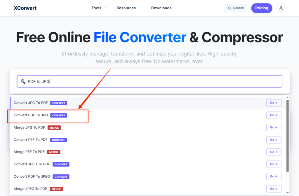 Click Convert PDF to JPG in XConvert