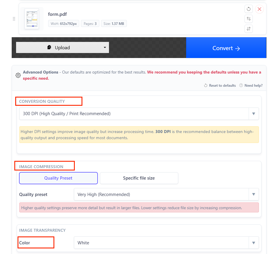 Customize the batch PDF to JPG settings in XConvert
