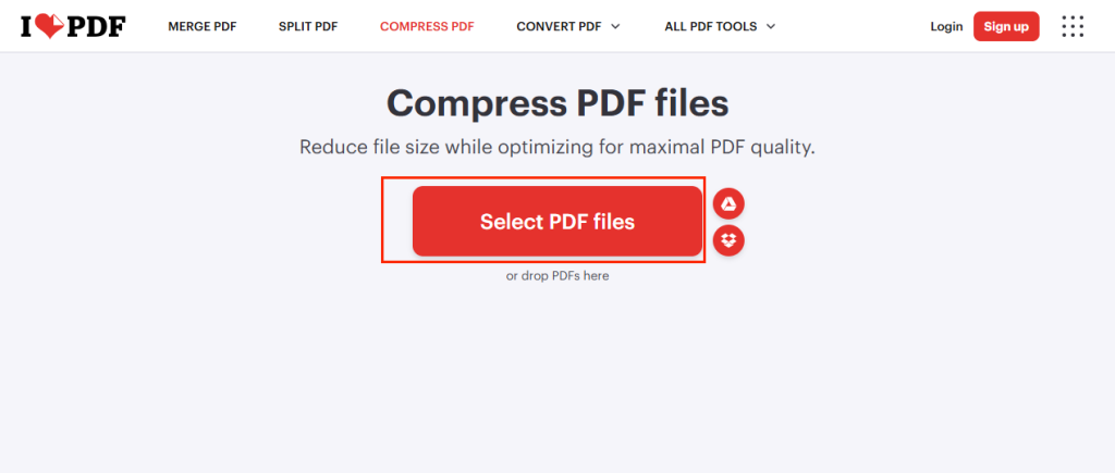 Click Select PDF files to upload your PDF for compression in iLovePDF
