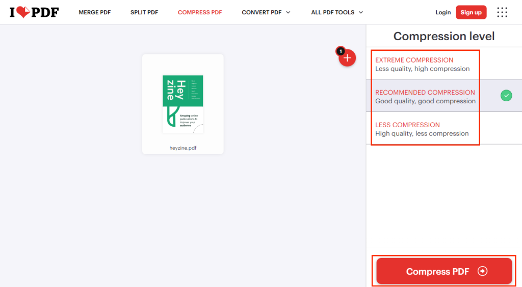 Select a compression level and click Compress PDF in iLovePDF