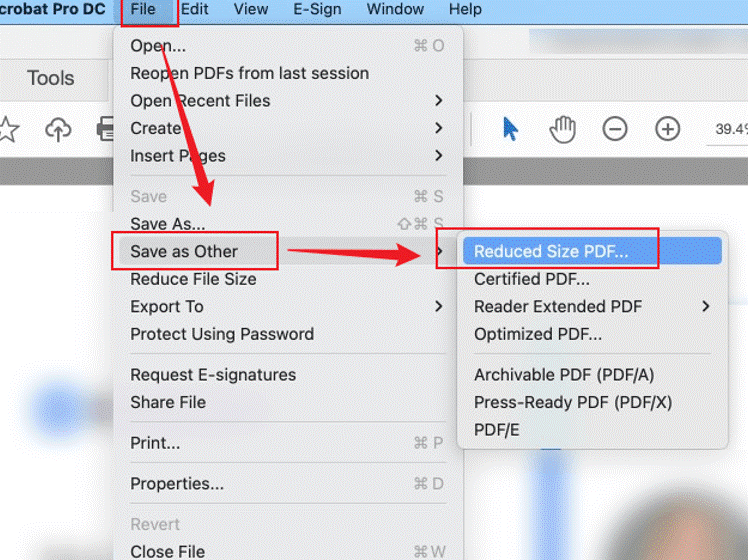 Select the Reduced Size PDF option in Adobe Acrobat Pro