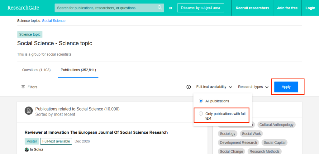 Filter the needed research paper in ResearchGate