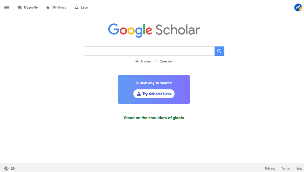 Interface of Google Scholar