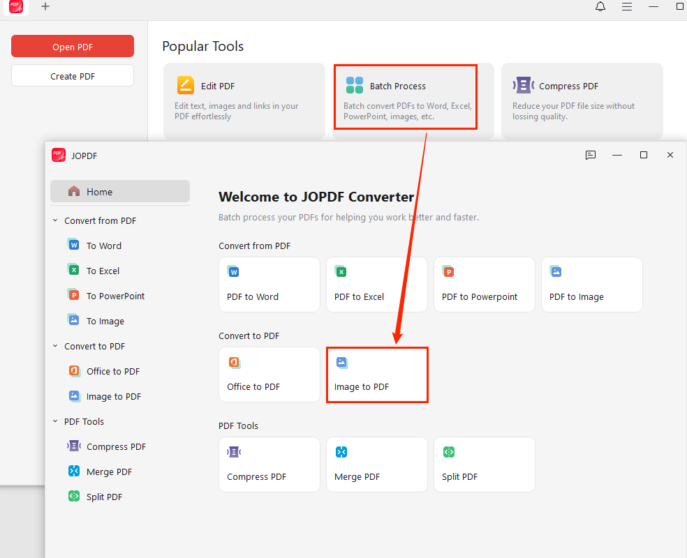 Click Batch Process and select Image to PDF in JOPDF