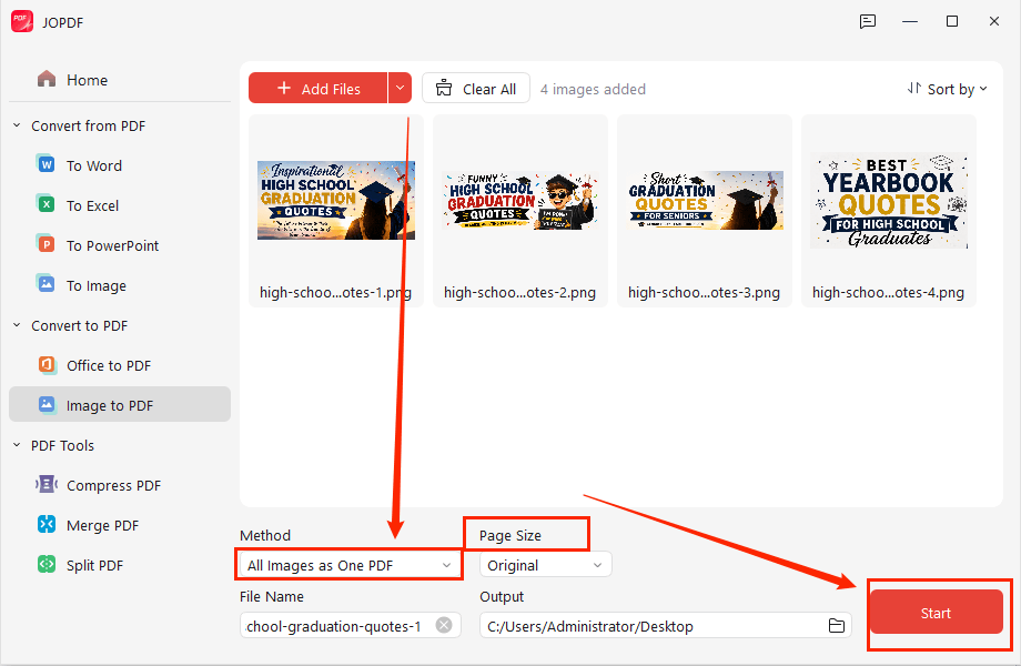 Select the All Images as One PDF option for flipbook pages to PDF in JOPDF