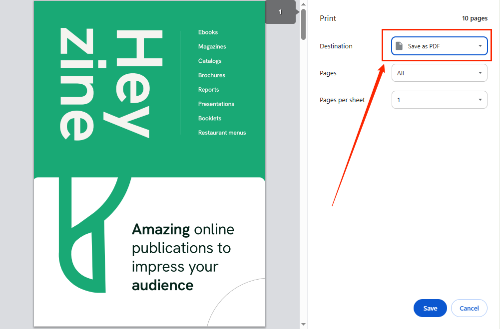 Select the Save as PDF option for saving a flipbook as a PDF