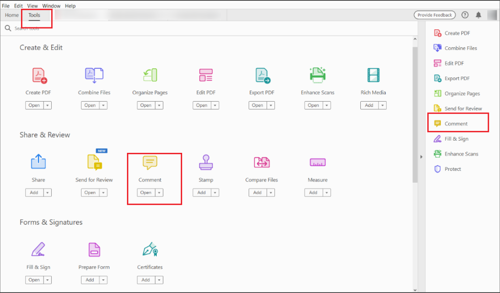 Click Tools and select Comment in Adobe Acrobat