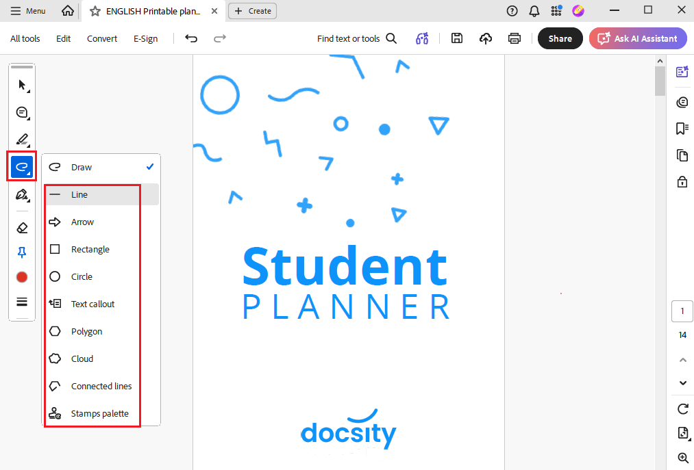Click Draw freehand and select to add the target shape to the PDF in Adobe Acrobat Reader