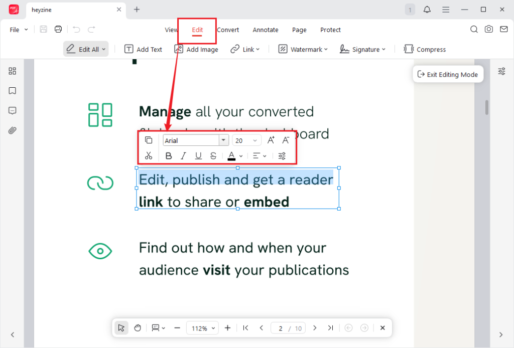 Click the target text to edit it in JOPDF