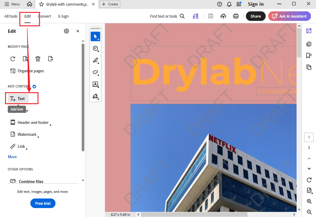 Click Edit to edit the PDF text in Adobe Acrobat Pro