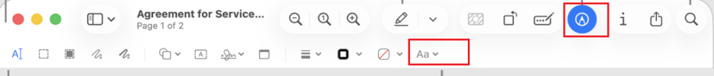 Click the Markup Toolbar and click the text tool to add text to the PDF in Preview