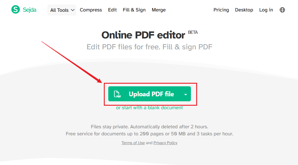 Click Upload PDF file to upload the target PDF file to Sejda PDF Editor