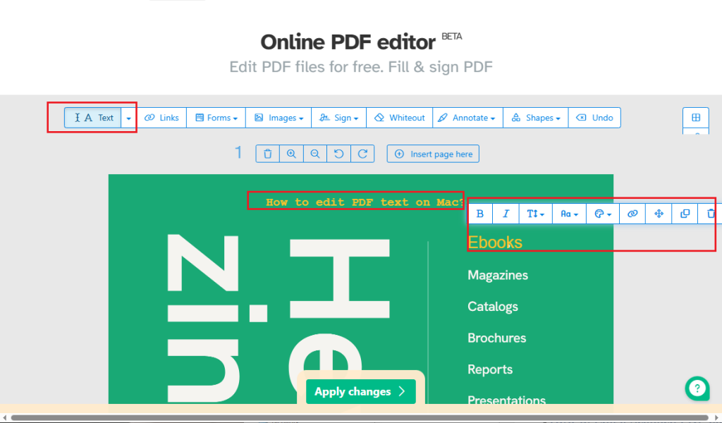 Click the Text tab to edit the existing text or add new text to a PDF in Sejda PDF Editor