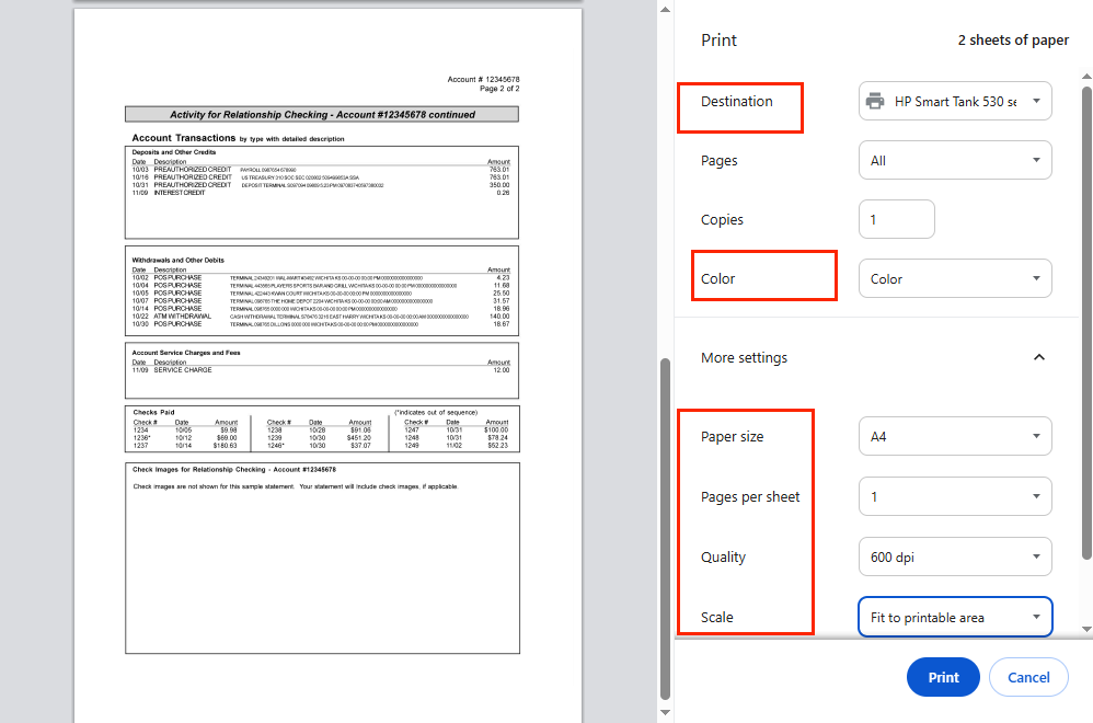 Print a bank statement from an online banking