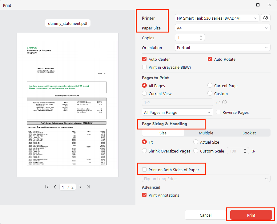 Customize the print settings for a bank statement in JOPDF