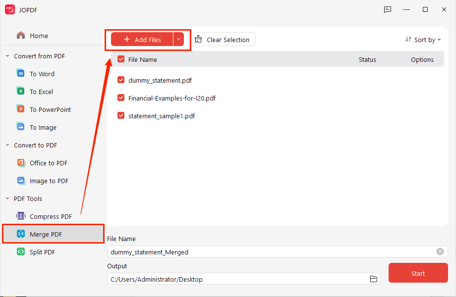 Select the Merge PDF option to combine statements for batch printing in JOPDF