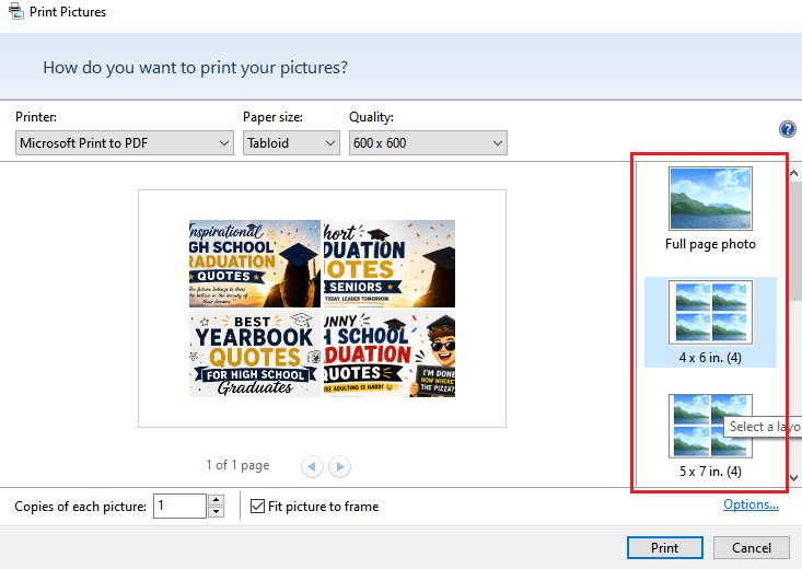 Select the image printing layout on Windows