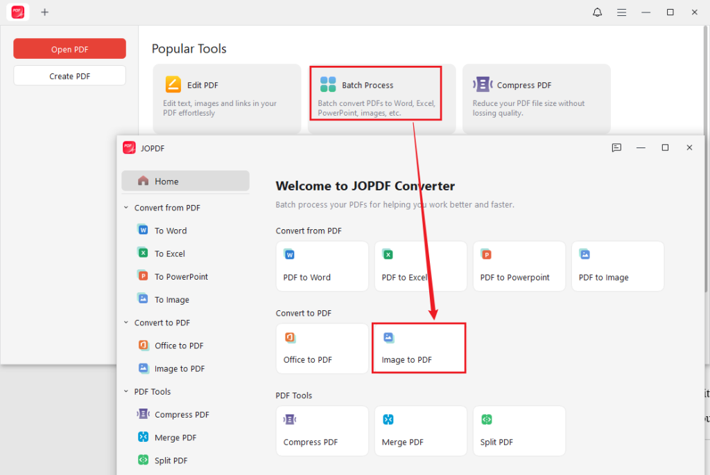 Go to Batch Process > Image to PDF and click Add Files to import the target images into JOPDF