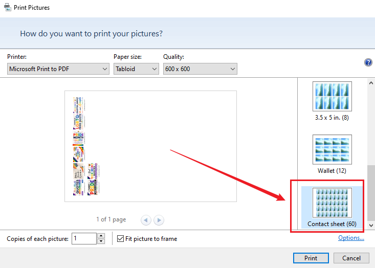 Print multiple images on one page as a contact sheet on Windows