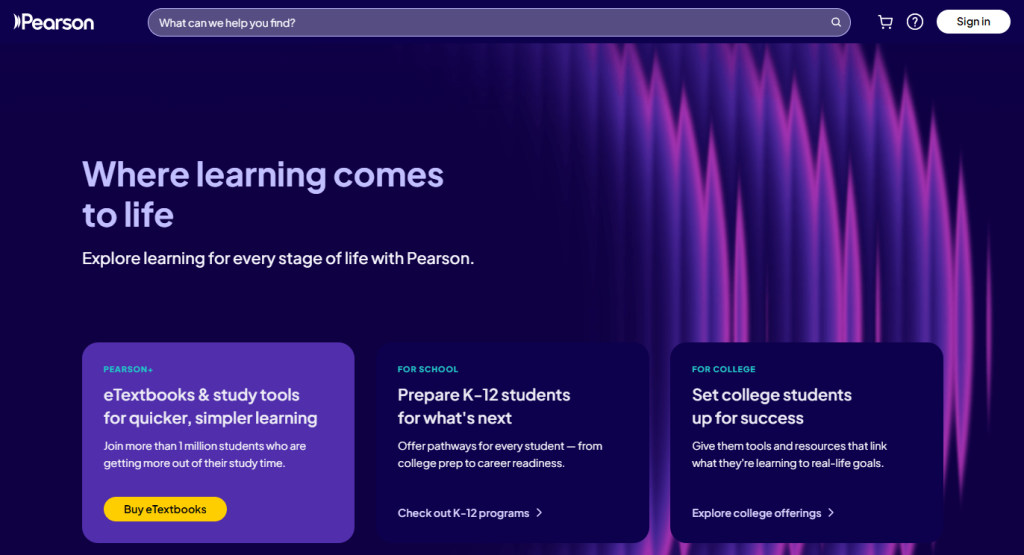 Website interface of Pearson