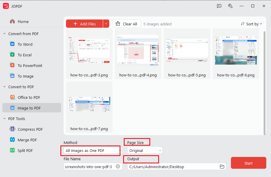 Set Method as All Images as One PDF and click Start to create a PDF for Pearson screenshots in JOPDF