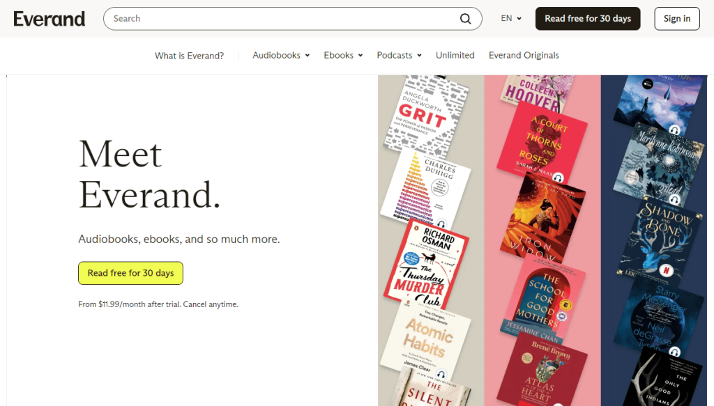 Website interface of Everand