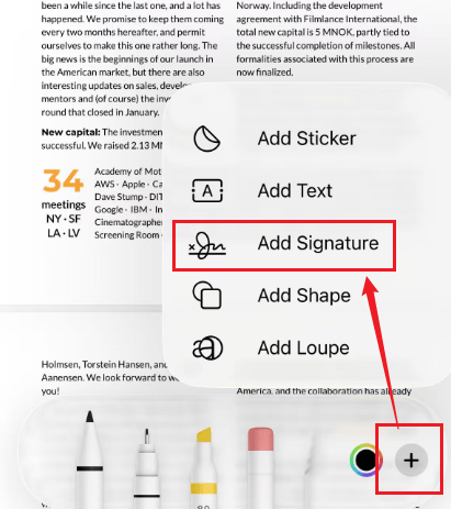 Tap the plus icon and select the Add Signature option in the Files app on iPhone