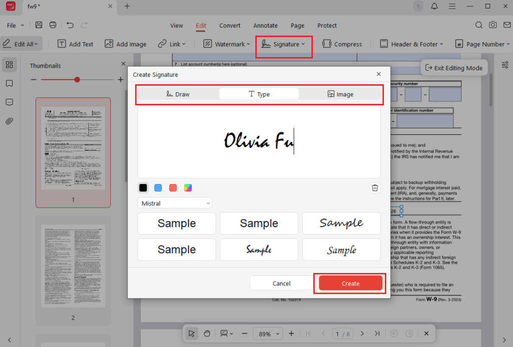 Click Signature to create and add a signature to a PDF in JOPDF