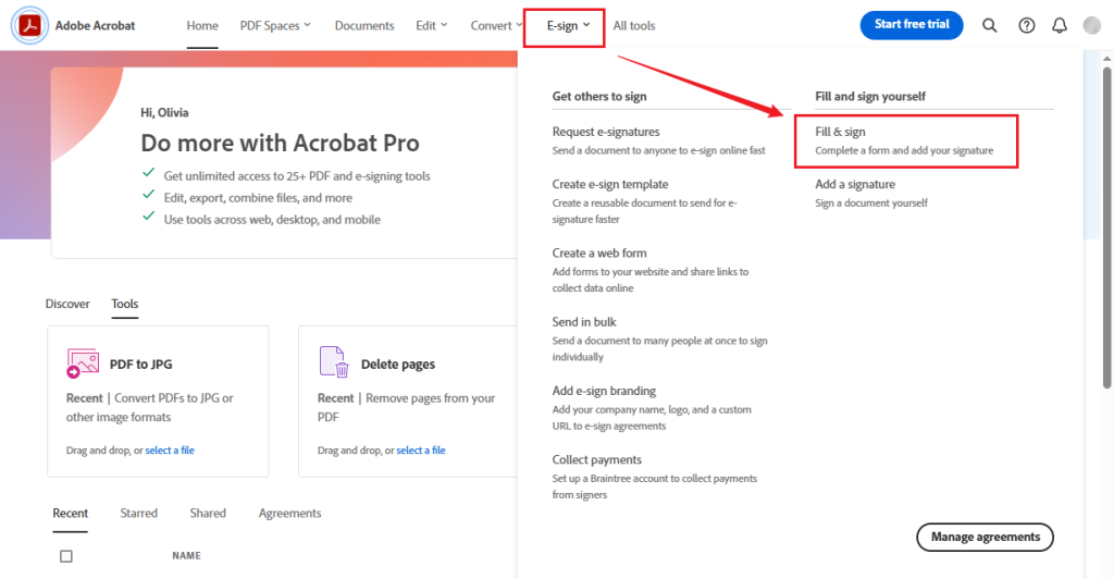 Click E-sign and select Fill & sign in Adobe Acrobat Online