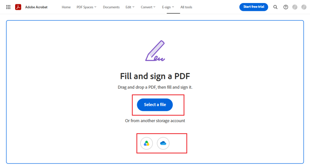 Click Select a file to upload the target PDF file into Adobe Acrobat for filling and signing
