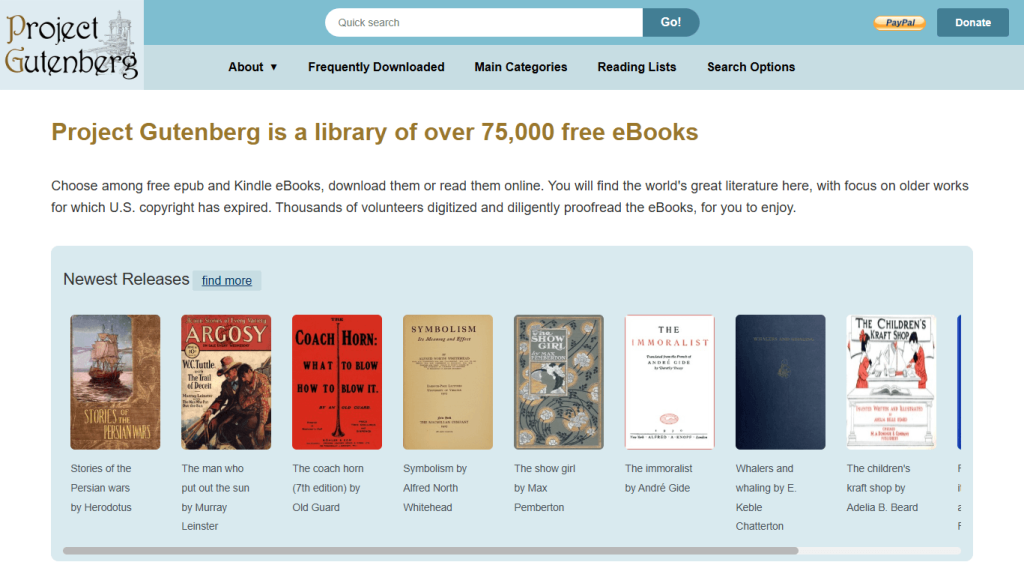Interface of Project Gutenberg