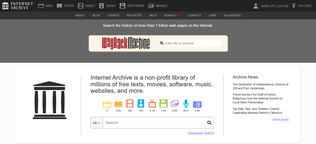 Interface of Internet Archive