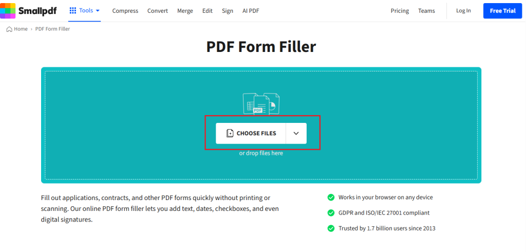 Click CHOOSE FILES to upload the target PDF form into Smallpdf