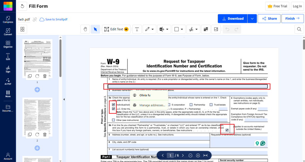 Fill out a PDF form online using Smallpdf