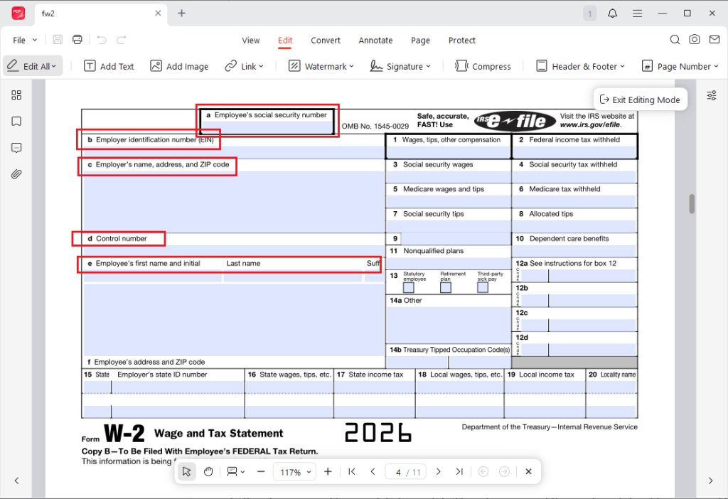 Enter the employee and employer information in a W-2 form using JOPDF
