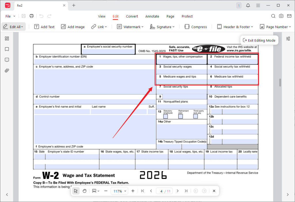 Fill out Boxes 1-6 of a W-2 form using JOPDF