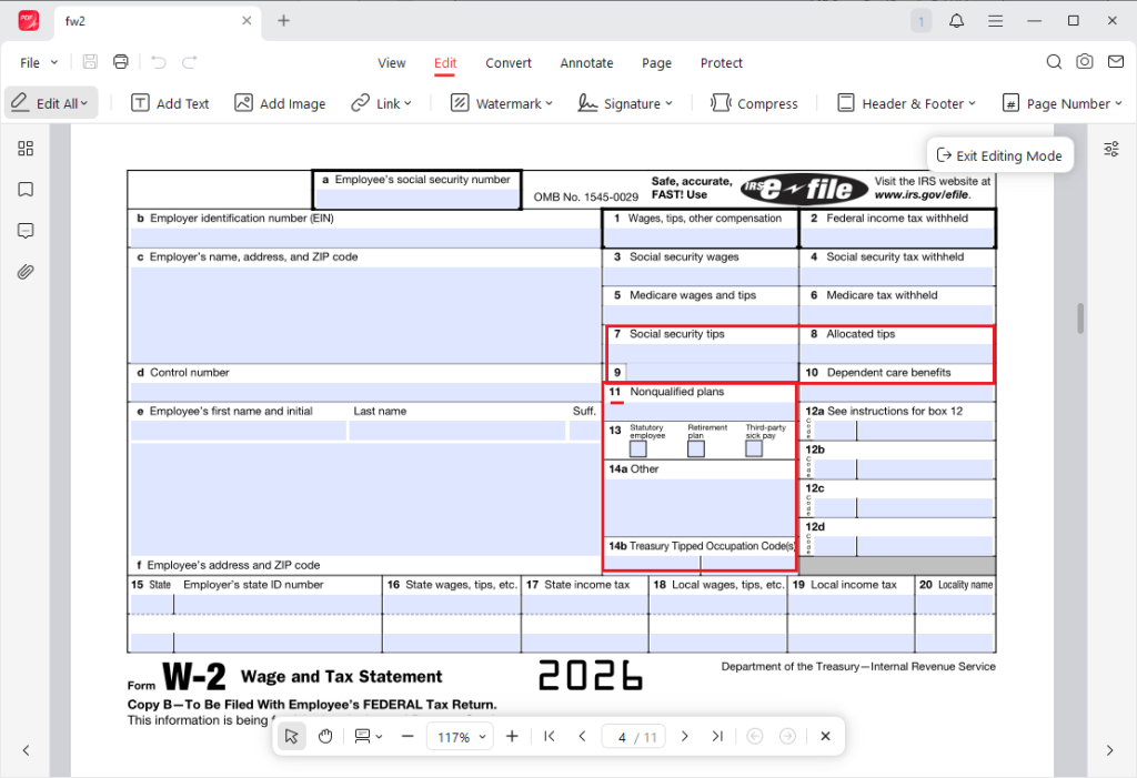 Fill out Boxes 7-14 of a W-2 form using JOPDF