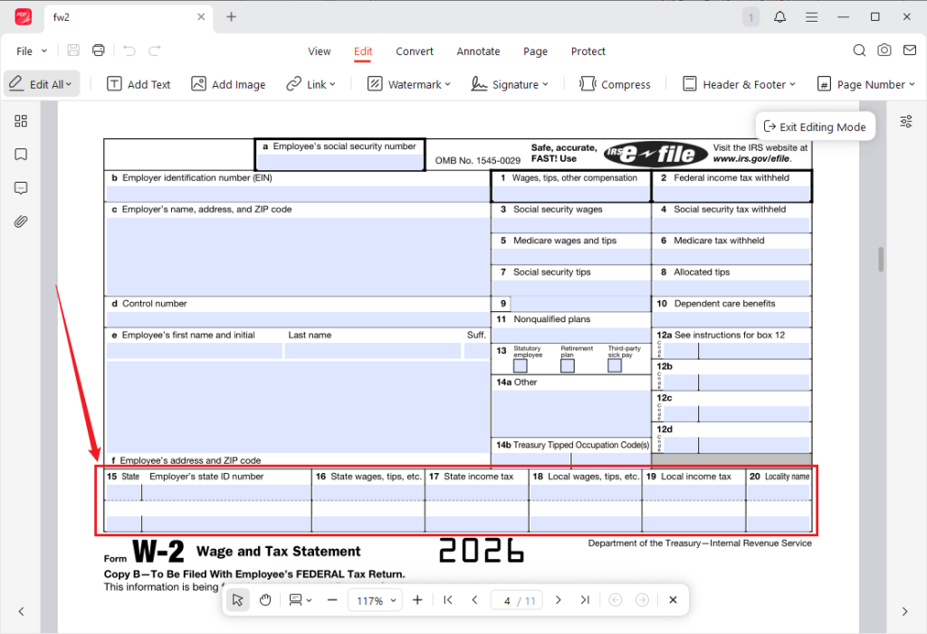 Fill out Boxes 15-20 of a W-2 form using JOPDF