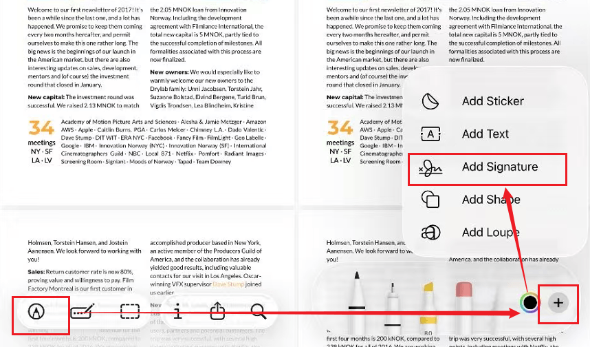 Tap the Markup icon and tap the plus icon to select the Add Signature option in the Files app