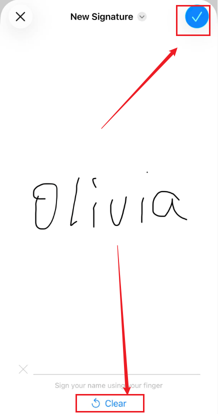 Tap the tick icon to save the signature or tap the Clear option to recreate the signature in the Files app