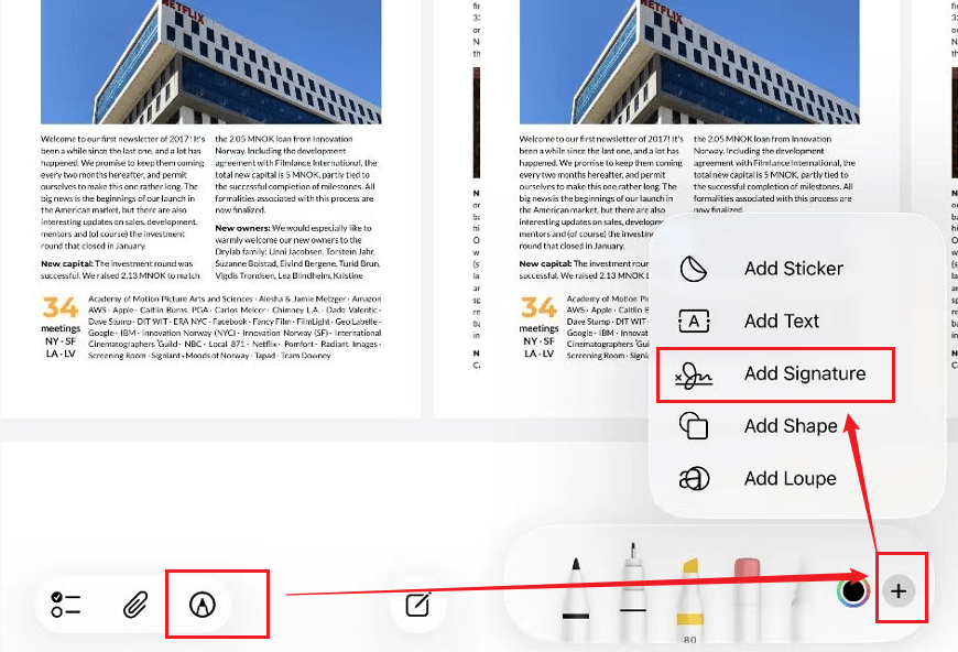 Tap the Markup icon in Apple Notes and select the Add Signature option