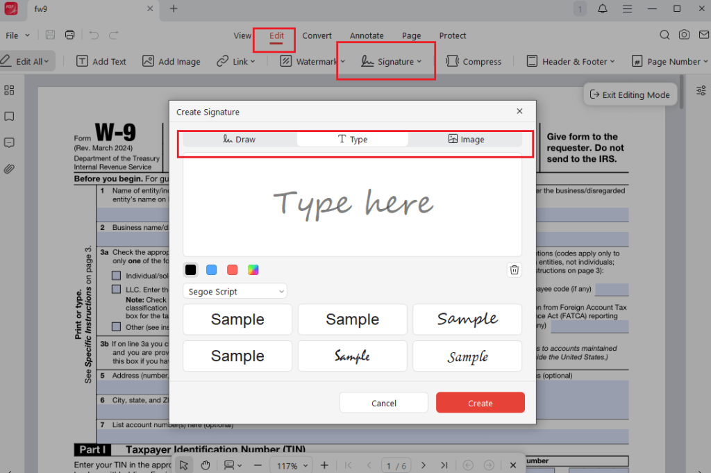Click Signature and create a new signature in JOPDF