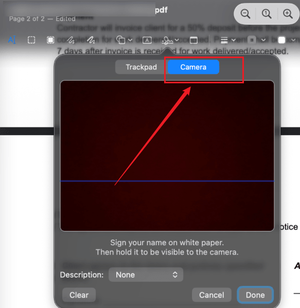 Click the Camera icon to detect your handwritten signature in Preview